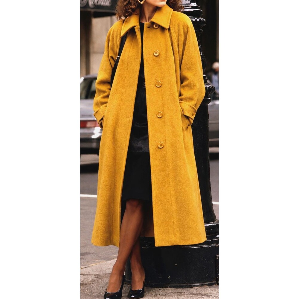 Vintage Harve Bernard Long Mustard Yellow Coat Womens sz L Retro - Picture 1 of 5